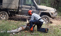 Michael fires up the chainsaw for your campfire wood